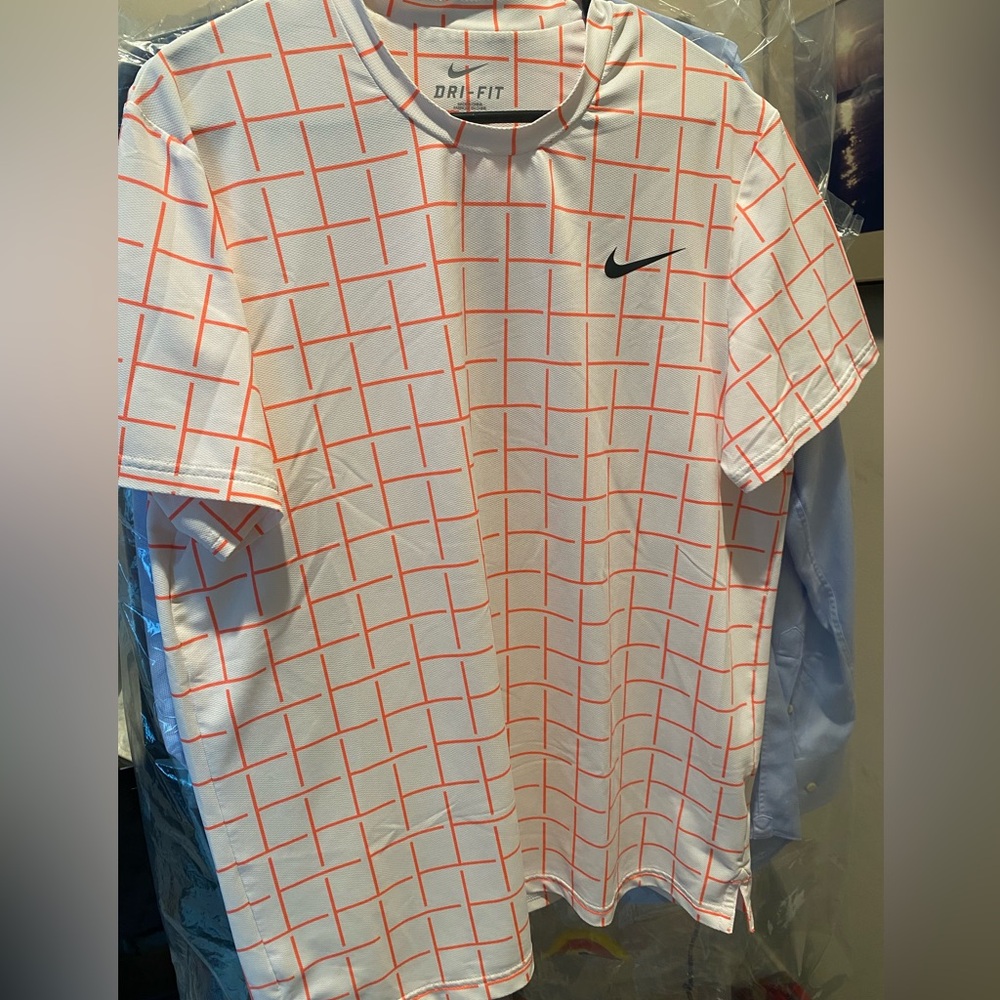 Nike Men's Tee with White and Orange Grid Design